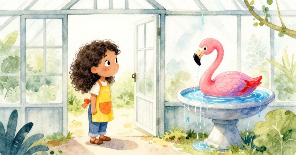 Mira站在門口觀望，塑料火烈鳥在鳥浴中漂浮，水勢漸退，溫暖陽光中呈現平和圓滿的結局。