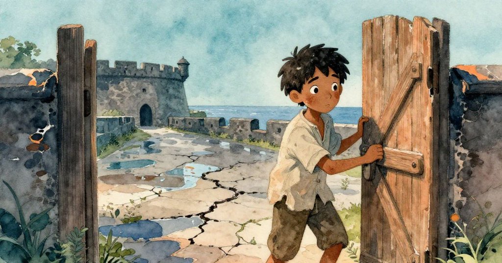 艾利亞推開老舊木門,踏入裂縫庭院,遠望海岸城堡,晨光微露,神情充滿好奇與期待。