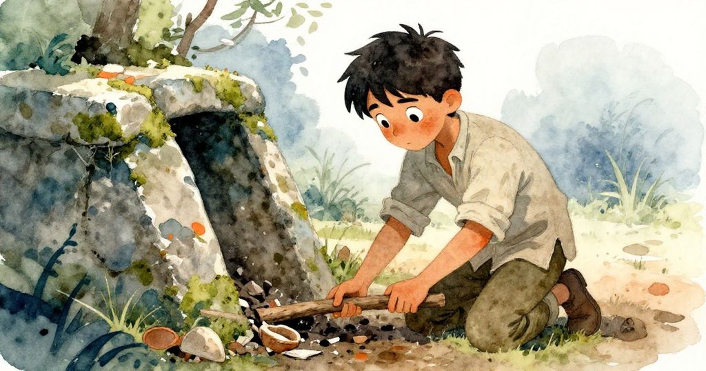 艾利亞跪於古石渠旁,用扁木棒清理苔蘚與破陶碎片,神情專注於重啟水流的任務。