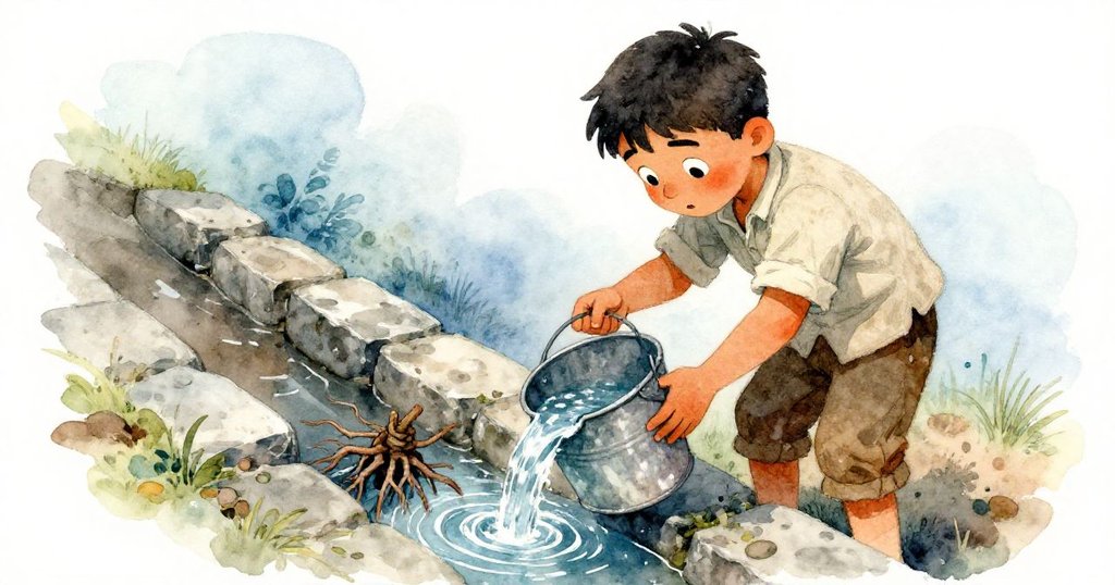 艾利亞專注地用破舊水桶裝水,再倒入堵塞凹槽中,水流與堅硬根結交匯,充滿細膩執著。