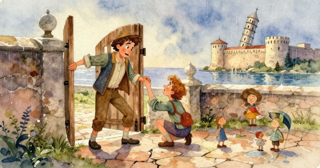 水流從鬆動磚縫猛噴而出,沖向庭院牆下,海鳥盤旋天際,濕葉隨水漫舞,畫面層次豐富。