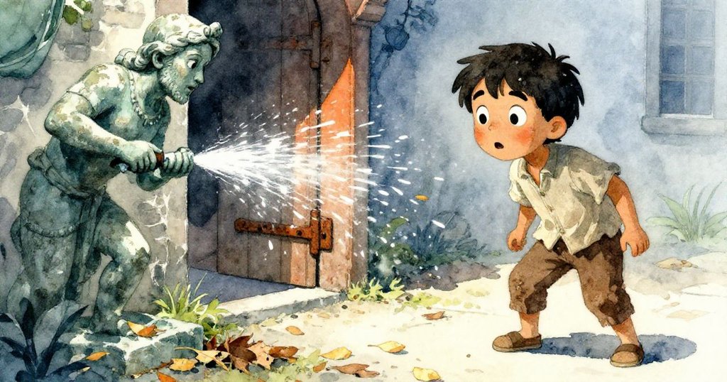 水流猛擊風化守護雕像,飛濺乾葉飄向生鏽銹扣,艾利亞在背景中驚訝凝視,場面充滿衝突與動感。