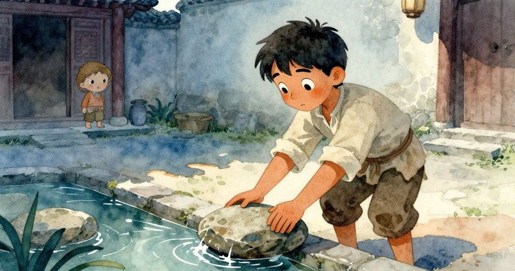 艾利亞淡定按壓平石封住溝渠,水勢漸歇,庭院重現寧靜,留給人深深解脫與收束之感。