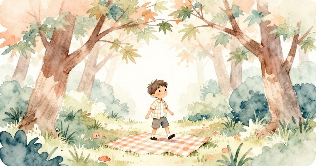 馬可斯穿過楓樹拱門進入陽光森林，手持格子布準備野餐，充滿期待與活力。