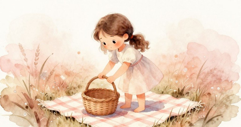 塔拉輕步走在露珠覆蓋的青草上，專注將圓籃放在格子布上，神情柔和而安心。