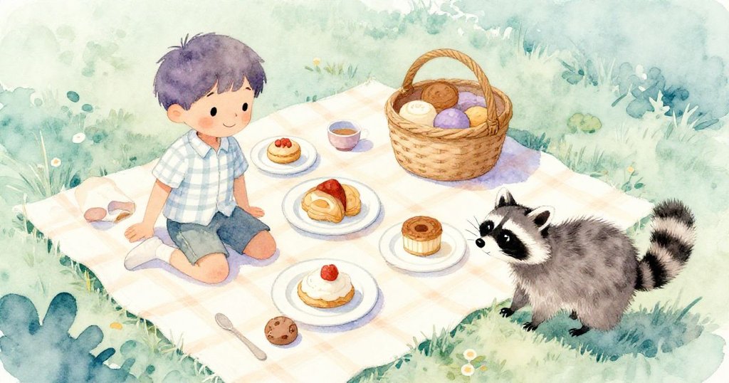 從高空俯瞰野餐布上馬可斯精心擺放的佳餚，調皮浣熊悄悄靠近籃子，充滿好奇與驚喜。