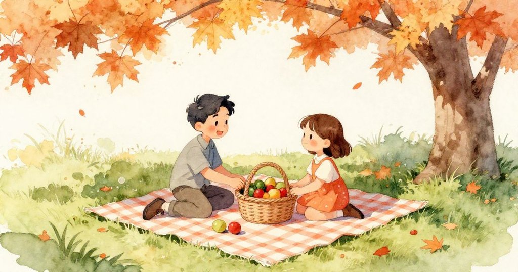 夏日明亮溫暖中，調皮浣熊輕拍野餐籃，觸發一連串物品輕輕移動，場面生動愉快。