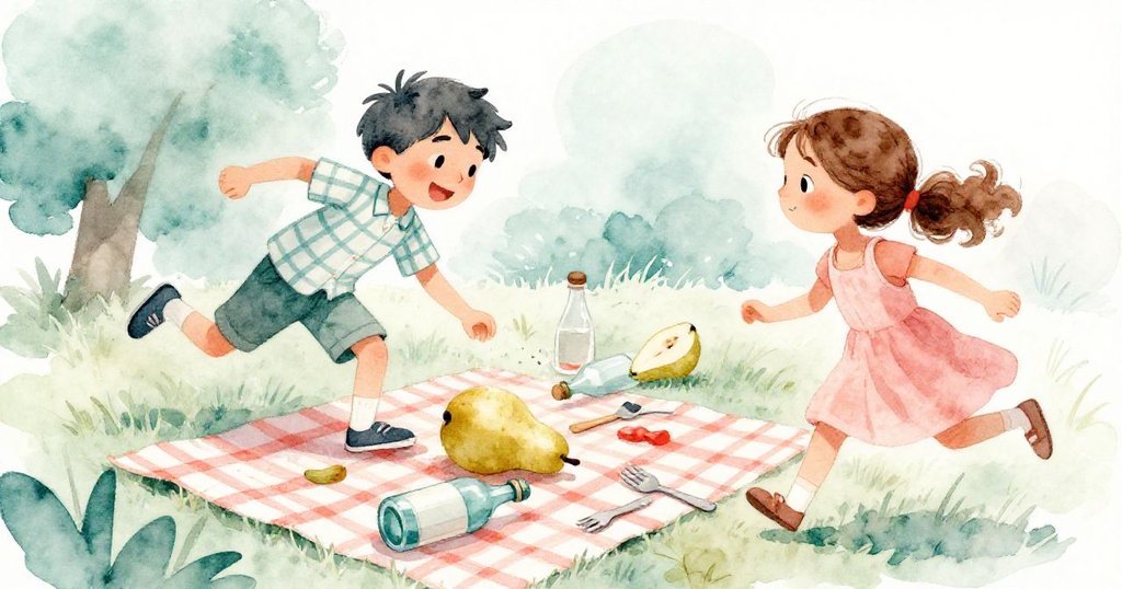 混亂瞬間發生，馬可斯與塔拉急忙修復散亂物品，梨與瓶子滑動於格子布上，畫面充滿急促與活力。