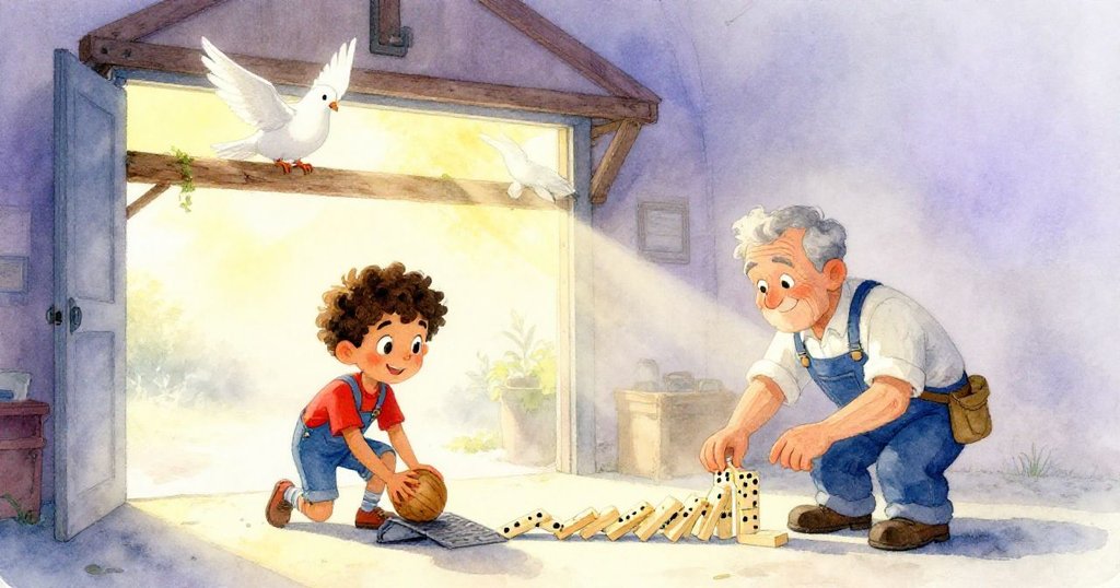 米洛於晨霧中於車庫內將木球放在金屬斜坡上，老技工排列多米諾骨牌，白鴿在高梁上注視，氣氛溫暖柔和。