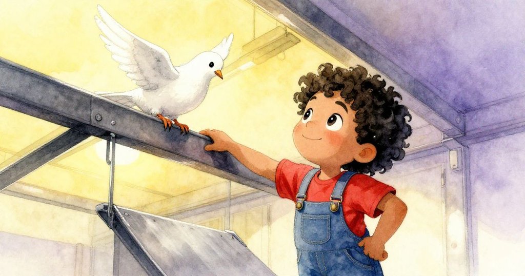 米洛自信地站在斜坡旁，眼中充滿期待與激動，白鴿高處注視，低角度展現英勇與夢幻氛圍。