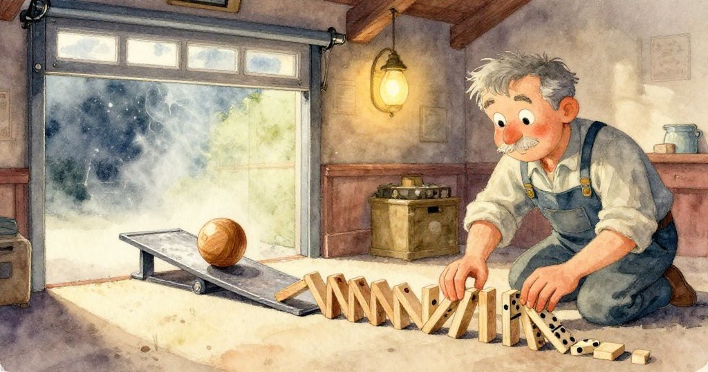 木球撞擊湯匙與彈珠，引發連鎖多米諾效應，畫面呈現透明水下夢幻效果，流動感十足，充滿奇幻氣息。