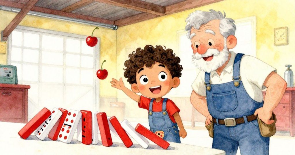 米洛與老技工在車庫內互動欣喜，共同觀察多米諾骨牌落下，臉上滿溢著興奮笑容與友好合作的情感。