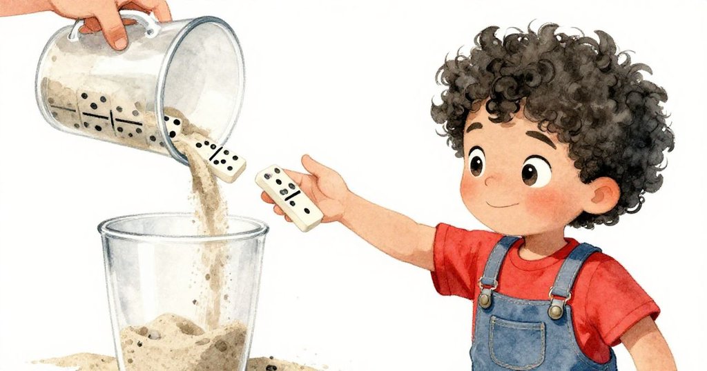 米洛伸手接住搖晃的多米諾骨牌，高杯傾倒沙子落在懸掛布上，細膩動作象徵著珍貴的交換與溫柔解決。