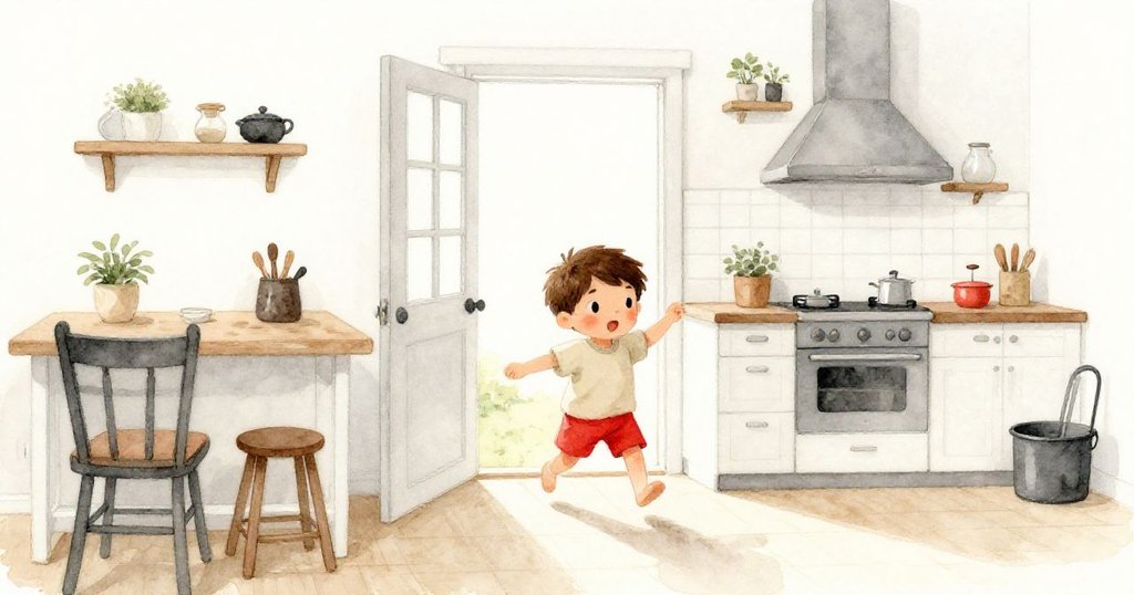 Milo興奮地從開放門口走進光亮溫馨的廚房，臉上流露期待，背景顯示家中溫暖氣氛