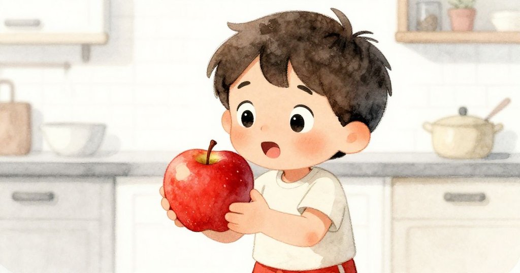 Milo好奇地拿著光亮紅蘋果，細看果實紋理，展現研究新鮮水果的驚喜神情