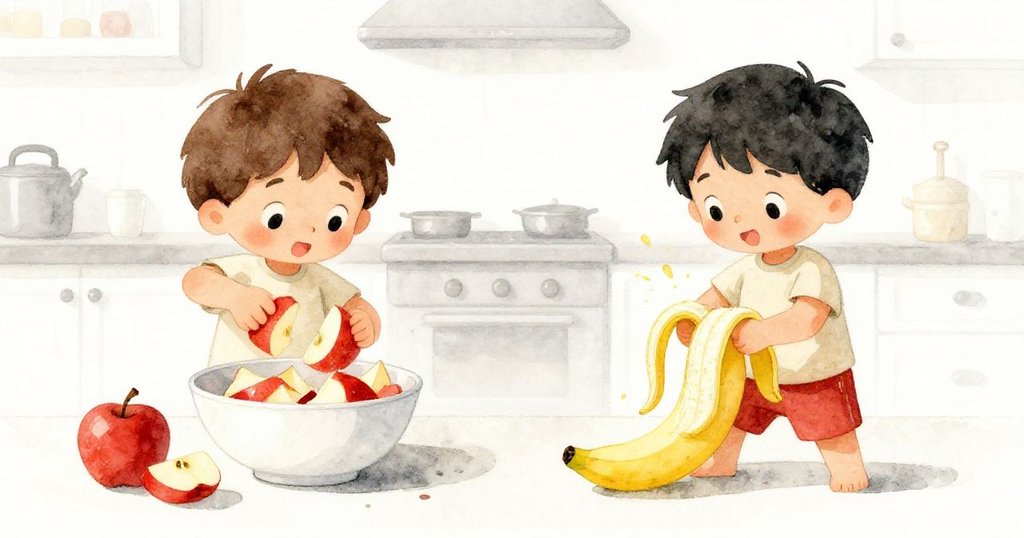 Milo分割畫面中一邊撕蘋果放入小碗，一邊剝香蕉，動作專注愉快，果盤初見豐盈