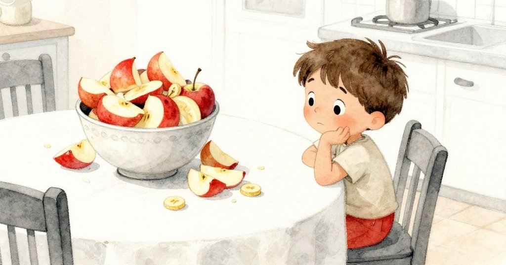 從高處俯瞰果盤快滿溢，蘋果和香蕉零落桌上，Milo帶著略微憂慮注視散落水果