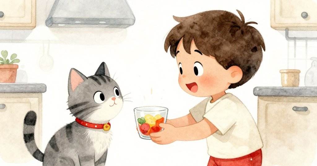 Milo滿臉喜悅將完成的彩色果盤遞予好奇的貓咪Whiskers，溫馨氛圍中傳遞著家庭和諧與滿足