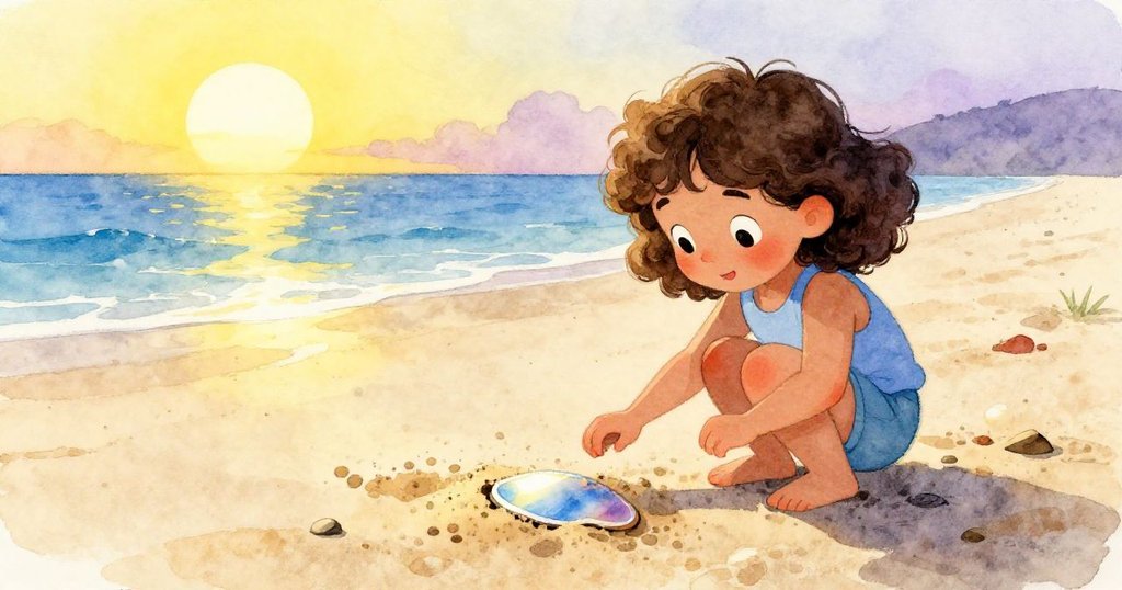 Mira在晨光中蹲在沙灘上,好奇地用手刷去沙子,發現閃亮碎片,背景有海洋與柔和光線,充滿驚喜。