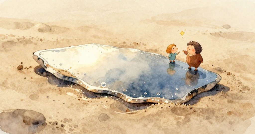 Mira近距離觀察碎片表面細節,氣泡和光亮邊緣清晰呈現,她專注輕柔地刷去沙粒,背景質感豐富。