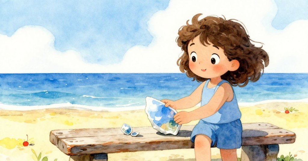 Mira將碎片放在破舊長椅上,碎片反射藍天,表情充滿沉思與溫柔,背景為寧靜海岸步道。