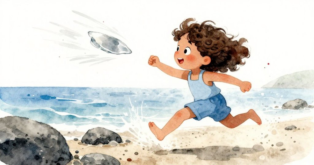 Mira急步奔向濕潤岩石海灘追逐滑脫碎片,風起浪湧中表情驚訝且充滿動感,場景生動。