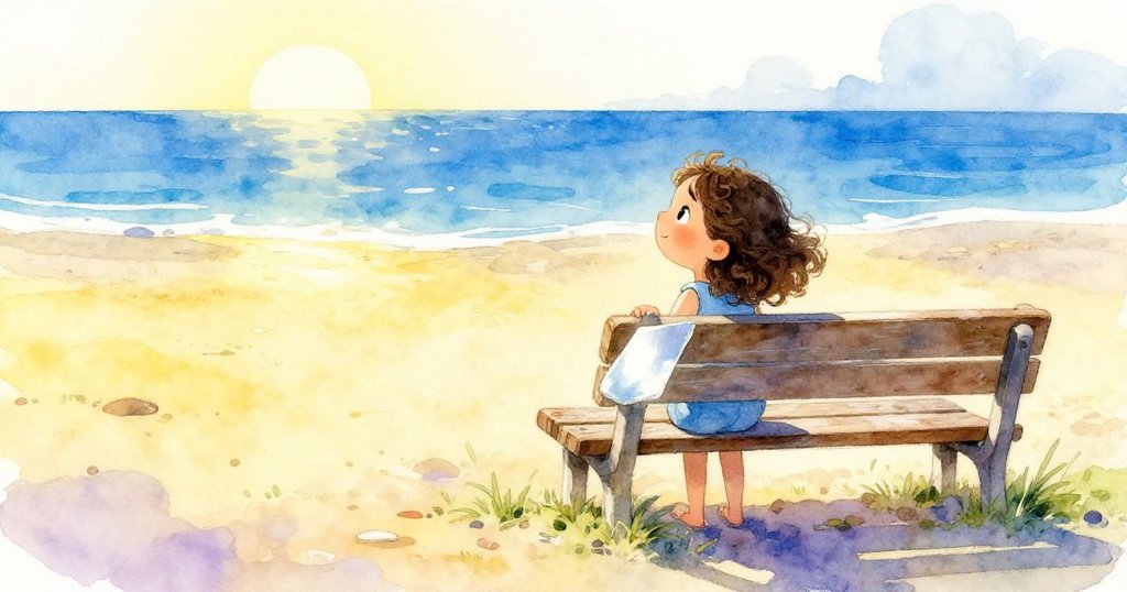 Mira帶著滿足微笑站在日光輕灑的長椅旁,碎片直立反射藍天,背景展現遼闊海平線,充滿希望。