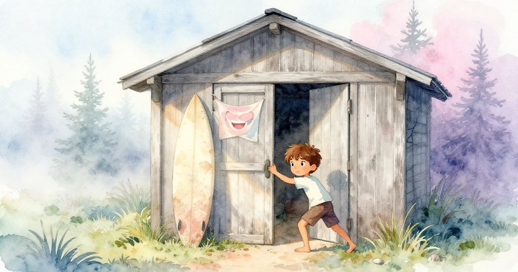 Marc用肩推開老舊木棚門，陽光穿透晨霧灑在堆疊衝浪板上，充滿期待與活力的早晨景象。