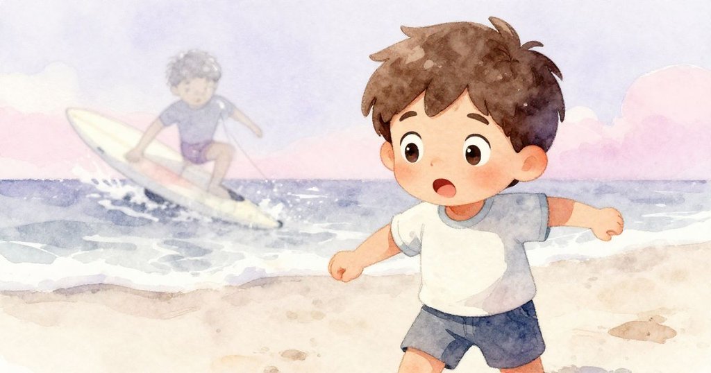 Marc臉上流露出驚訝與專注，隱約見到背景中滑落的海報與木板，瞬間充滿緊張氛圍。