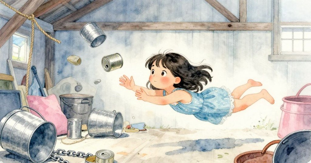 Lina急速俯身接住彈跳的錫罐，周圍金屬桶、繩索和物件連環碰撞，展現緊張與合作的瞬間。