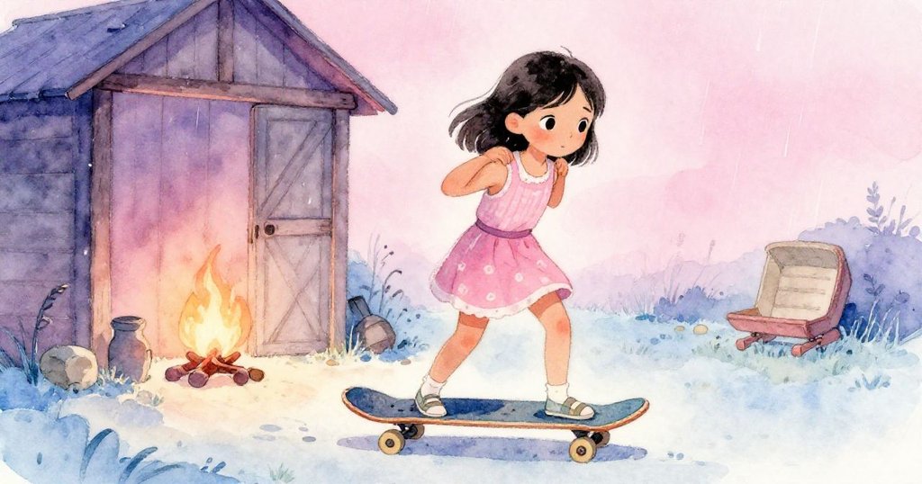 Lina用肩擋住搖晃的長板，眼神堅定中隱約映出與Marc共度營火雨夜的溫暖記憶。