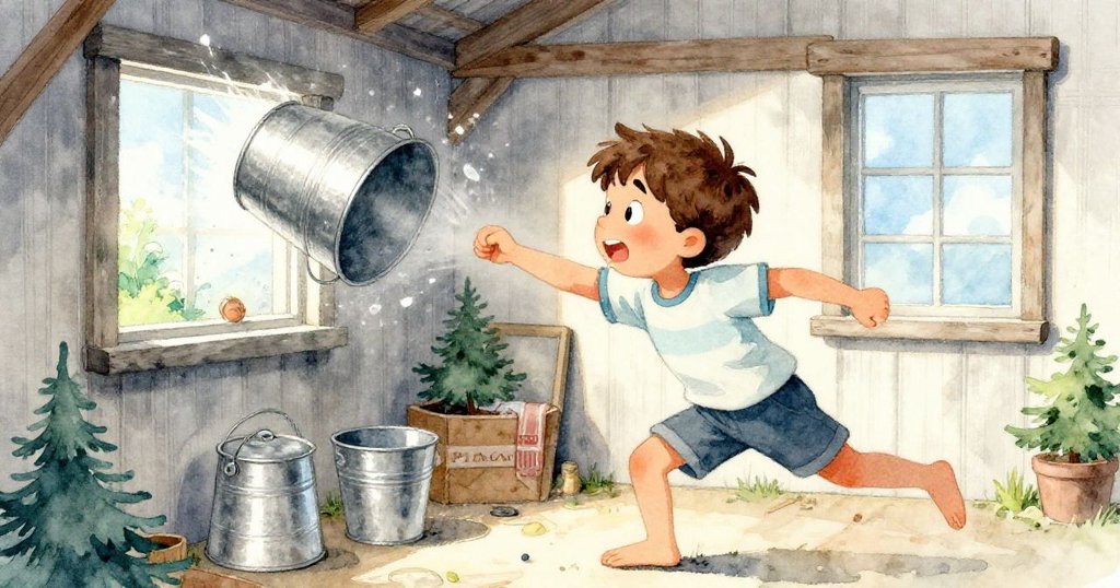 Marc雙手撲向滾動的金屬桶，用力偏轉桶子遠離窗戶，動作急促充滿勇敢與果斷。