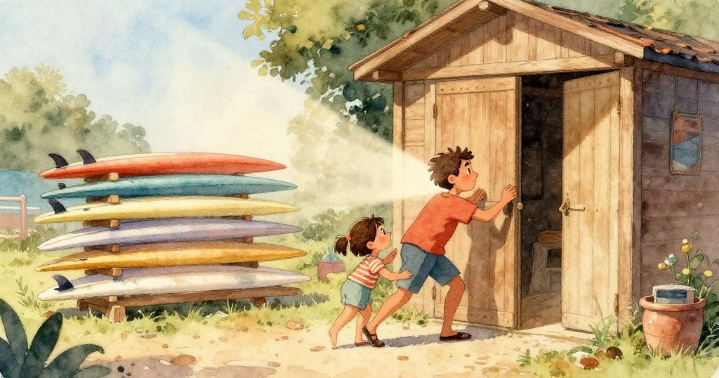 兩隻貝殼在沙上旋轉，一隻輕撞水缸，一隻朝著陽光木門飛去，結局充滿神秘與詩意。