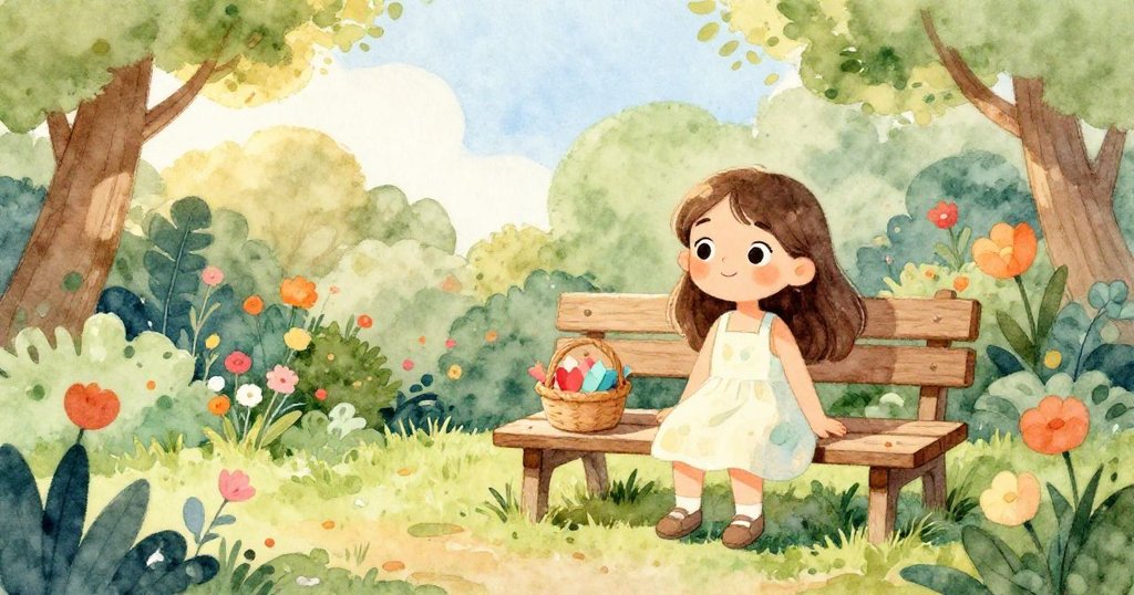 莉亞在動物園花園的長椅上放置籃子與彩色紙花瓣，陽光照耀下滿懷期待，場景寧靜且充滿藝術氣息。