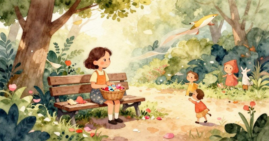 莉亞輕快地走在花園石路上，腳步輕觸散落的紙花瓣，充滿探索與活力，背景透出動物園的自然氣息。