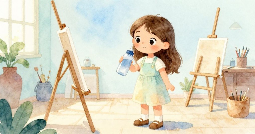 莉亞在明亮的藝術工作室內，用水瓶壓住畫冊專注寫生，室內充滿溫柔光線和創意氛圍。