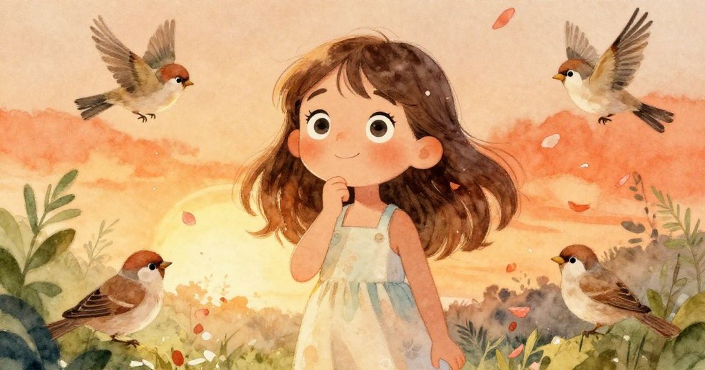 莉亞在花瓣與麻雀環繞中凝視遠方，表情專注思考下一步藝術創作，充滿選擇與沉思的氣氛。