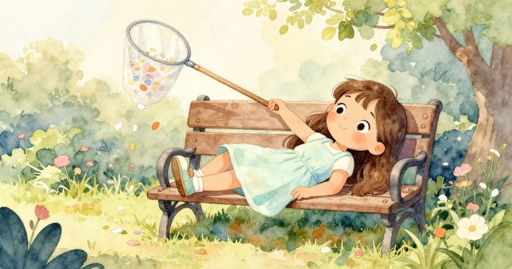 莉亞於靜謐長椅上安坐，觀察網上與石路上落定的紙花瓣，神情寧靜，展現風暴後的平和與沉澱。