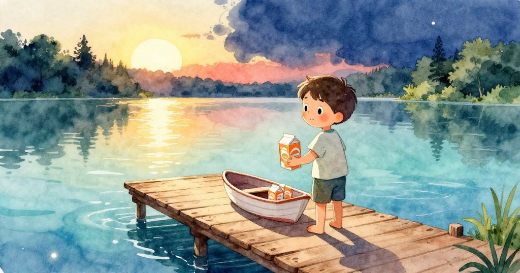 班恩在溫暖斜陽下的木棧橋上，手提橘汁紙箱小船，面帶期待，在湖邊享受寧靜時刻。