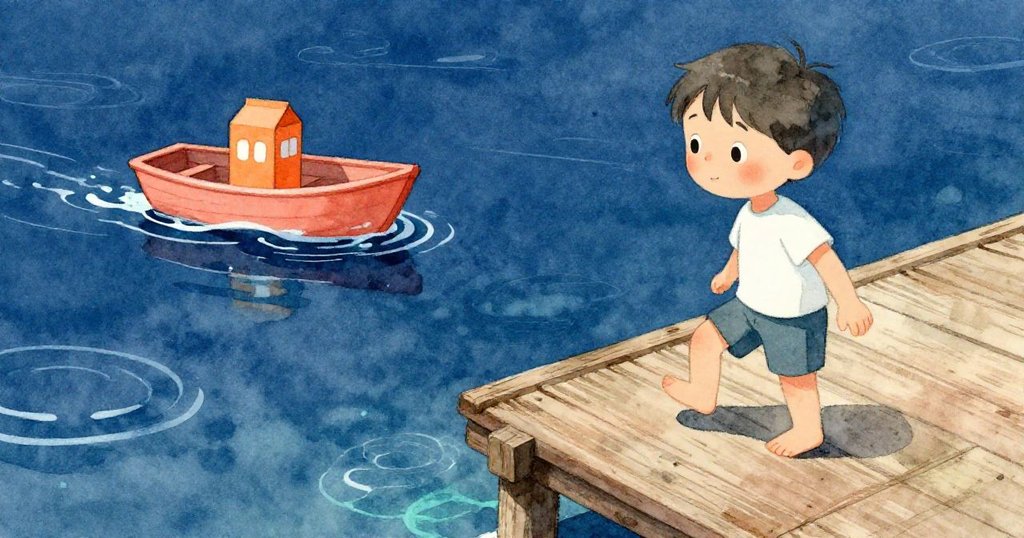 班恩走在木棧橋上，注視著隨風漂浮的小船，步伐輕快，湖水微光映照。