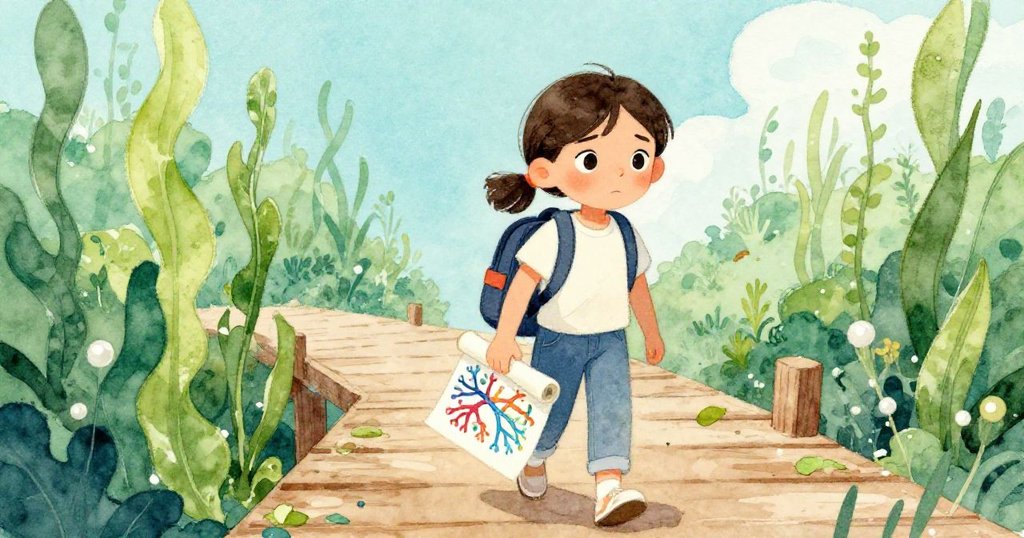 托莉背著書包和捲好的科學海報，自遠處走來，表情堅定，與班恩互望於湖邊。