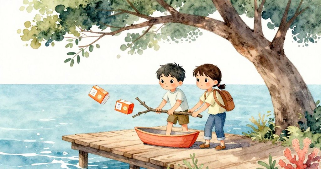 班恩與托莉並肩在彎曲大樹旁合作，用樹枝撐向小船，充滿共同奮鬥的情誼。