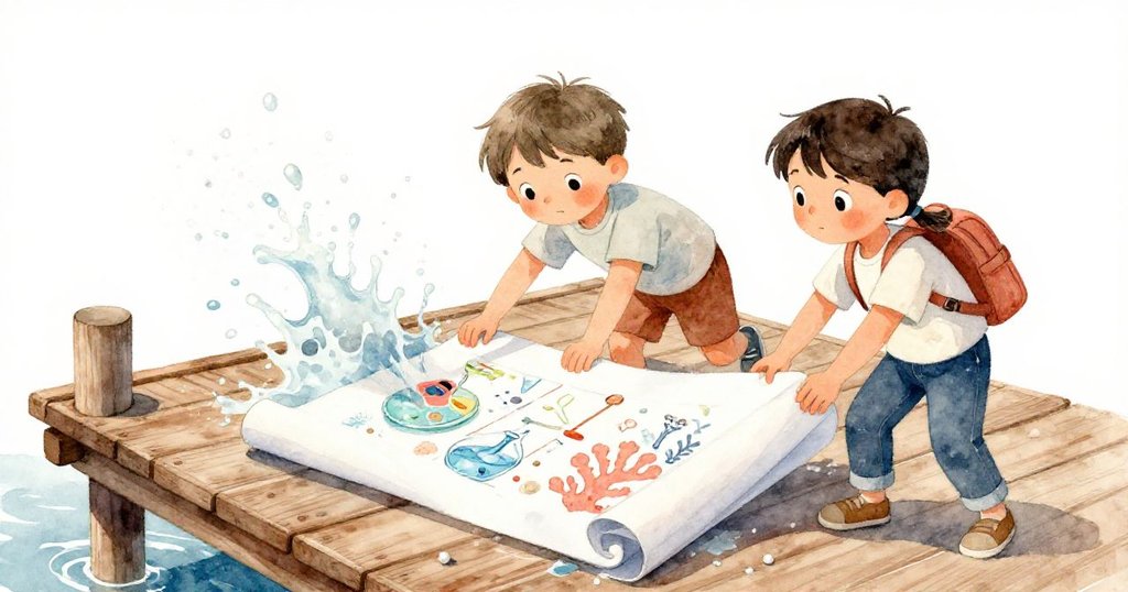 樹枝撐水濺起浪花，班恩抓住紙海報的一角，托莉搖晃紙張，兩人驚喜互動。