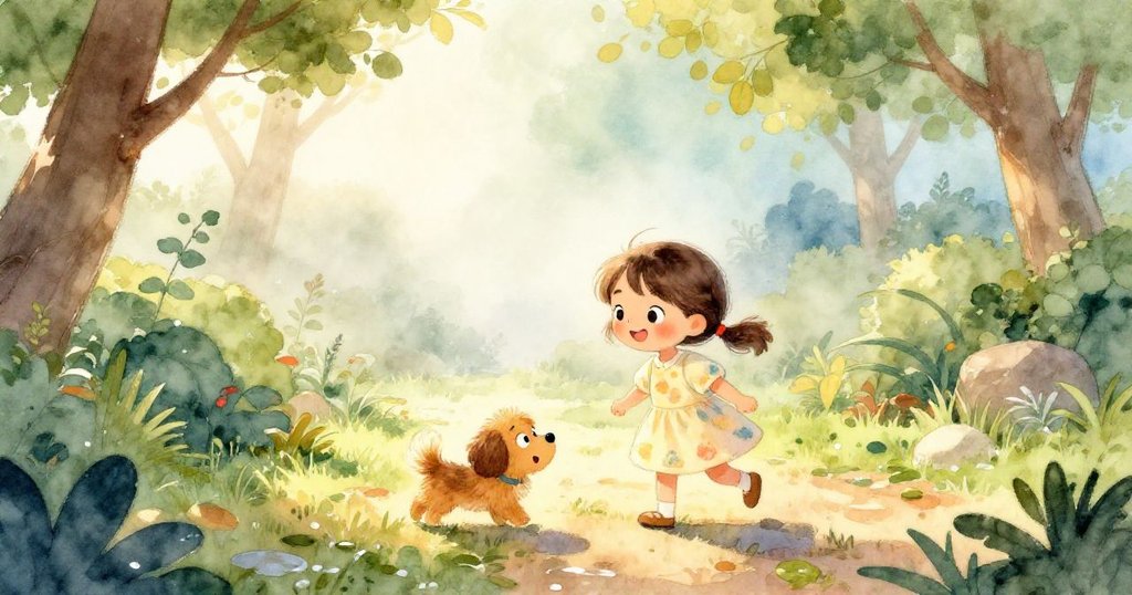 Mia與小狗在晨光映照的花園小徑上探索，濕潤的落葉鋪滿路面，陽光溫柔灑落，展現好奇與寧靜之美