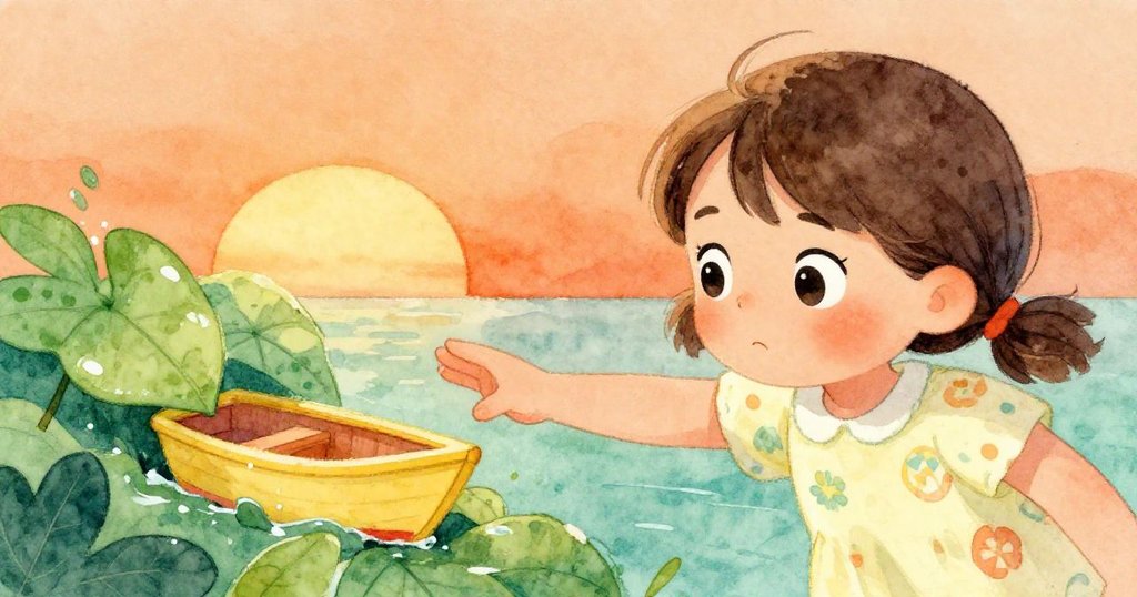 Mia伸出小手接近隱藏在濕葉後的黃色玩具船，濕潤的背景與柔和光影突顯出決心與溫馨