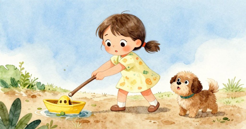 從低角度看，Mia小心翼翼地用短棒滑動濕葉，幫助黃色玩具船向空曠處移動，狗狗充滿好奇仰望，畫面充滿活力