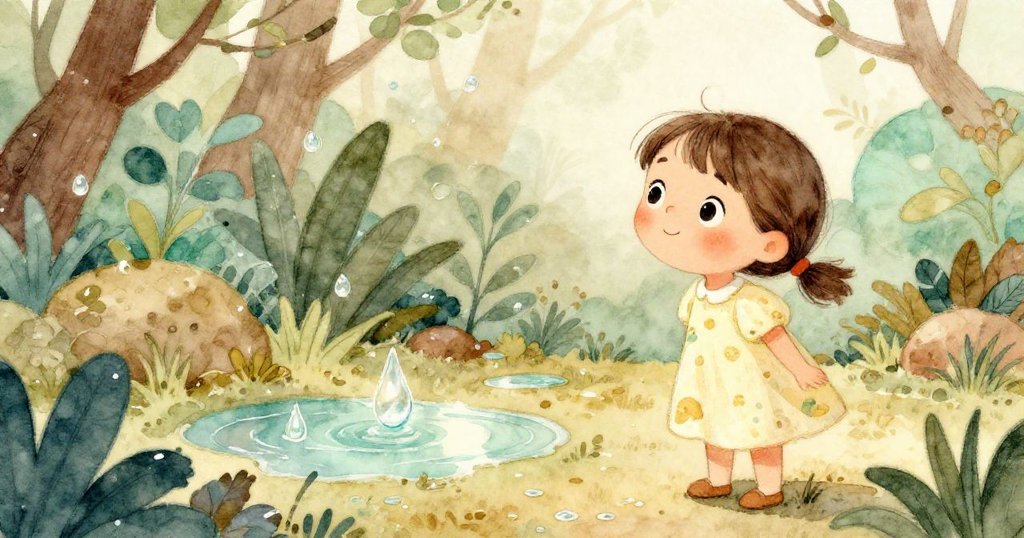 Mia在花園中凝望濕潤的落葉間滴落形成的小水潭，水光閃爍映出季節韻味，臉上滿是驚奇