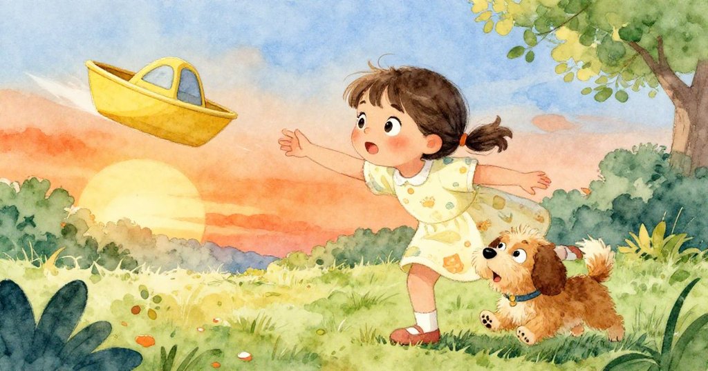 Mia迅速伸手抓取正向空地漂移的黃色玩具船，狗狗輕推船隻，臉上洋溢著緊張與決心，場景充滿戲劇張力