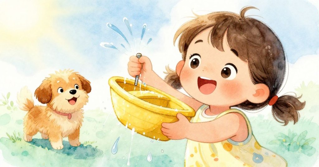 Mia滿懷喜悅握住濕透的黃色玩具船，迅速甩去水珠，狗狗在旁邊快樂觀看，臉上洋溢著勝利與溫暖