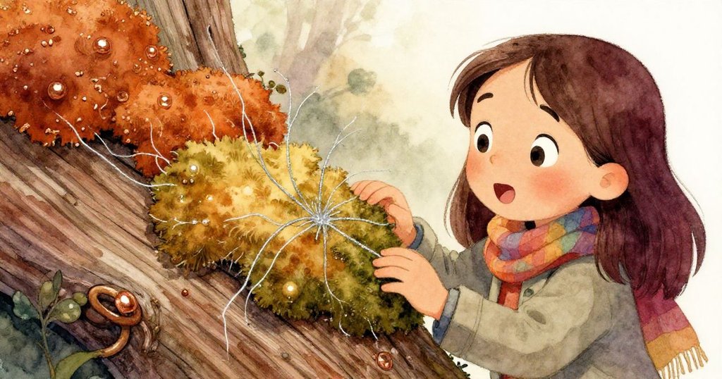 Lina俯身觀察苔蘚上閃著銀光的紋路,背景隱約見老舊木頭,神情驚奇專注,展現自然細膩之美。